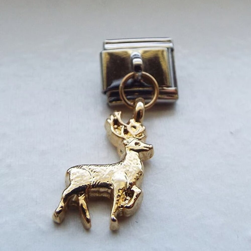 Gold metal Buck/Deer dangle 9mm stainless steel Italian charm bracelet link new